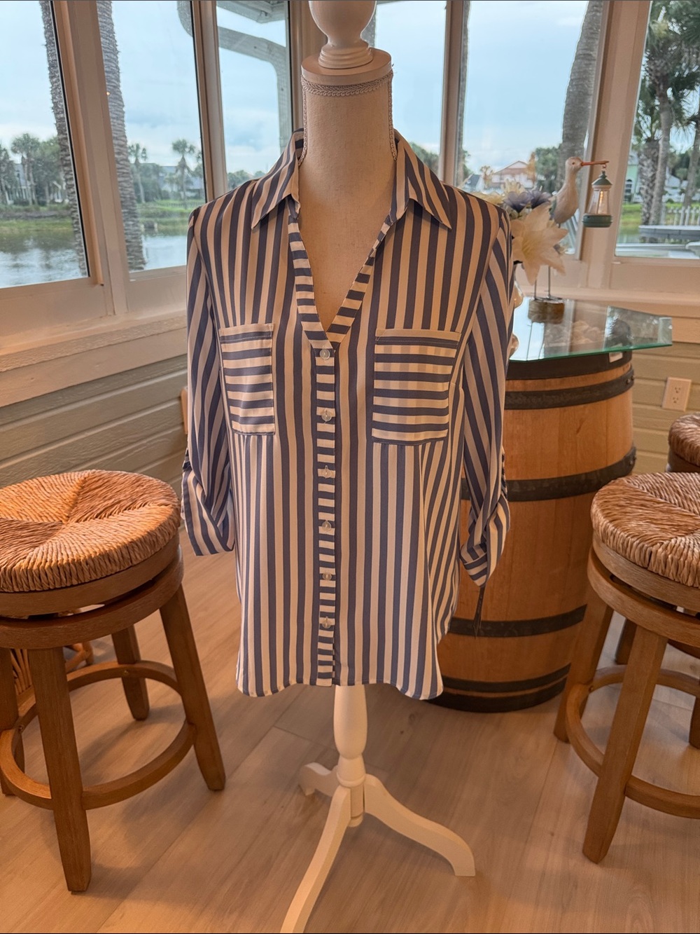 A. Byer Blue and White Vertical Stripe Button-Down Blouse